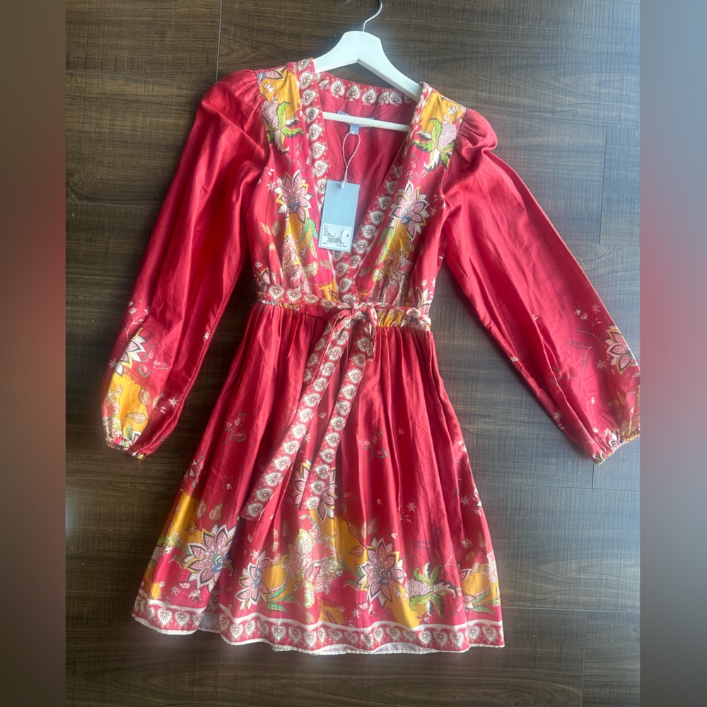 ANTONIO MELANI Red Floral V-Neck Long Sleeve Dress